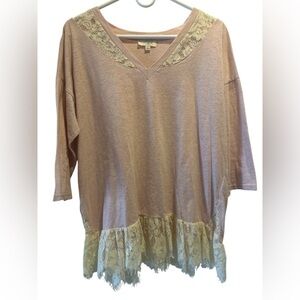 Umgee Womens Lace Boho Tunic Top Pink Cream 3/4 Sleeve V-Neck